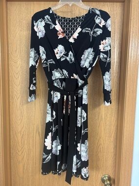 Floral Black Faux-Wrap Long Sleeve Dress with Waist Tie
